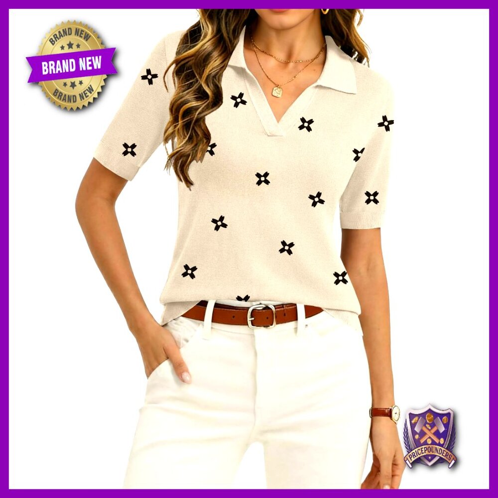 Short Sleeve V-Neck Polo Sweater Knitted Pullover Loose Fit Work Casual